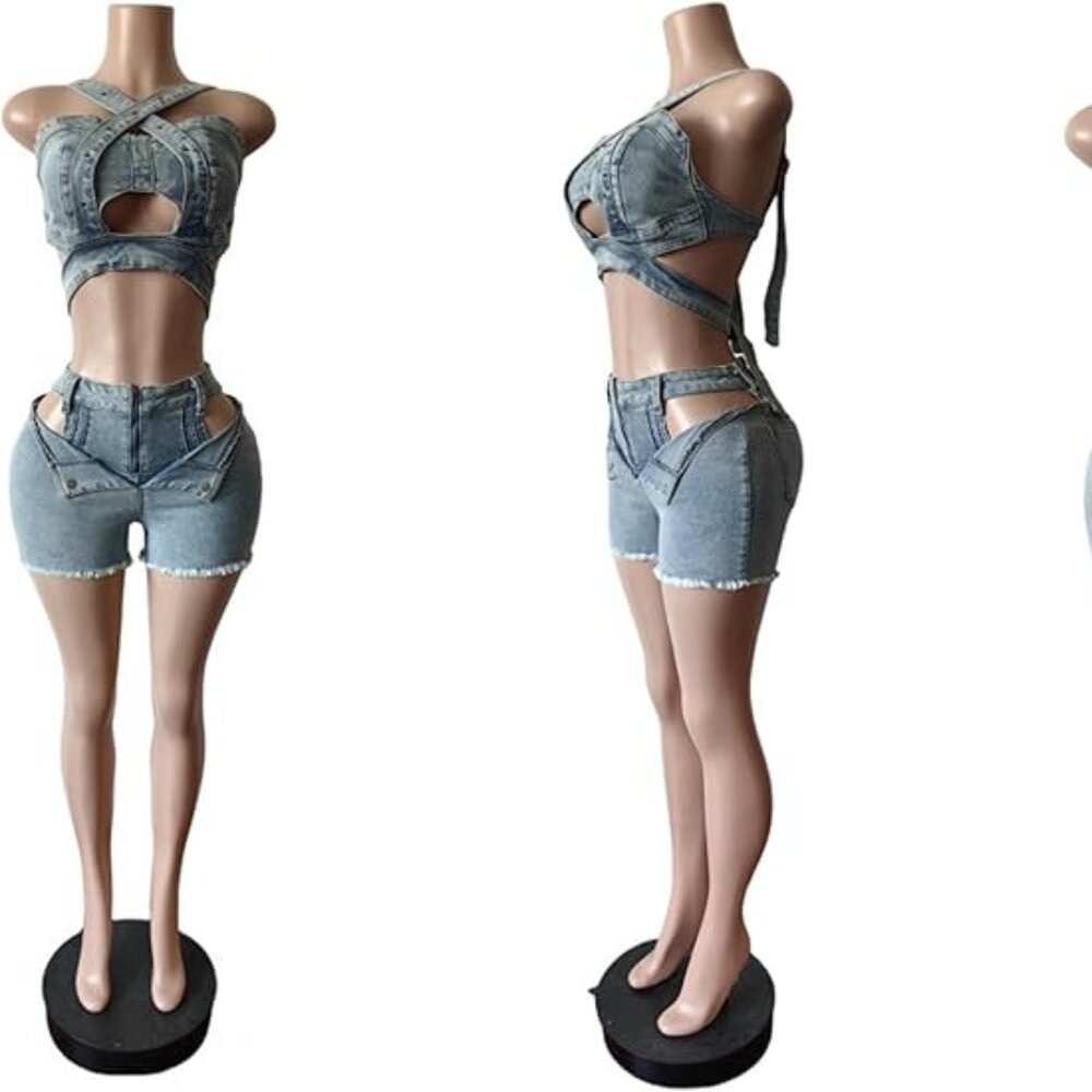 Sexy 2 Piece Denim Outfit Women Size L - Stretchy Crop Top & High Waisted Shorts